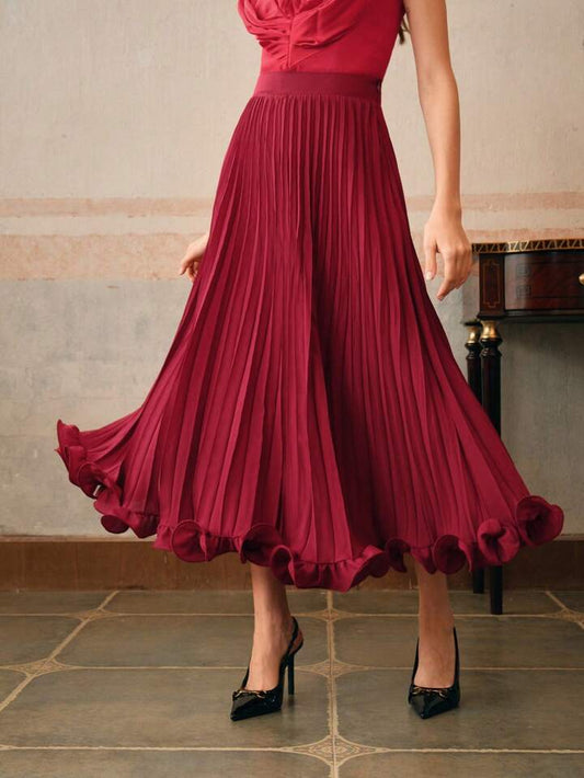CM-BS696099 Women Elegant Seoul Style Pleated Woven Ruffle Hem Long Skirt - Burgundy