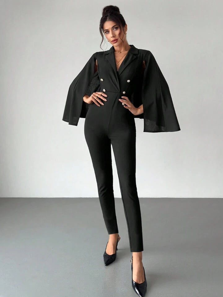 CM-JS147443 Women Elegant Seoul Style Suit Collar Cape Sleeve Slim Long Jumpsuit - Black