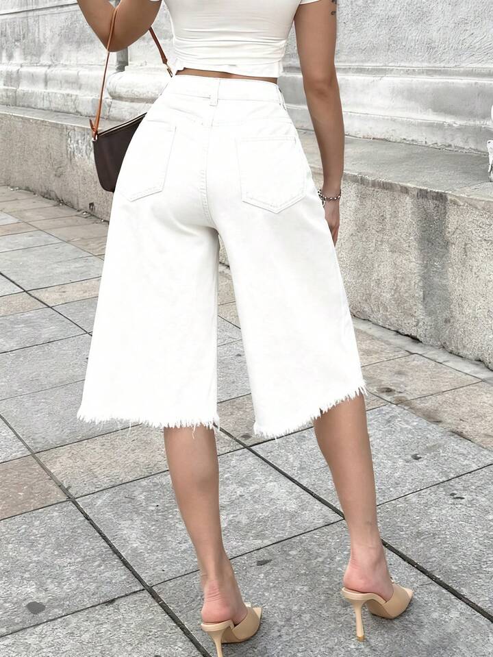 CM-BS174817 Women Casual Seoul Style Mid-Rise Distressed Frayed Hem Denim Shorts - White