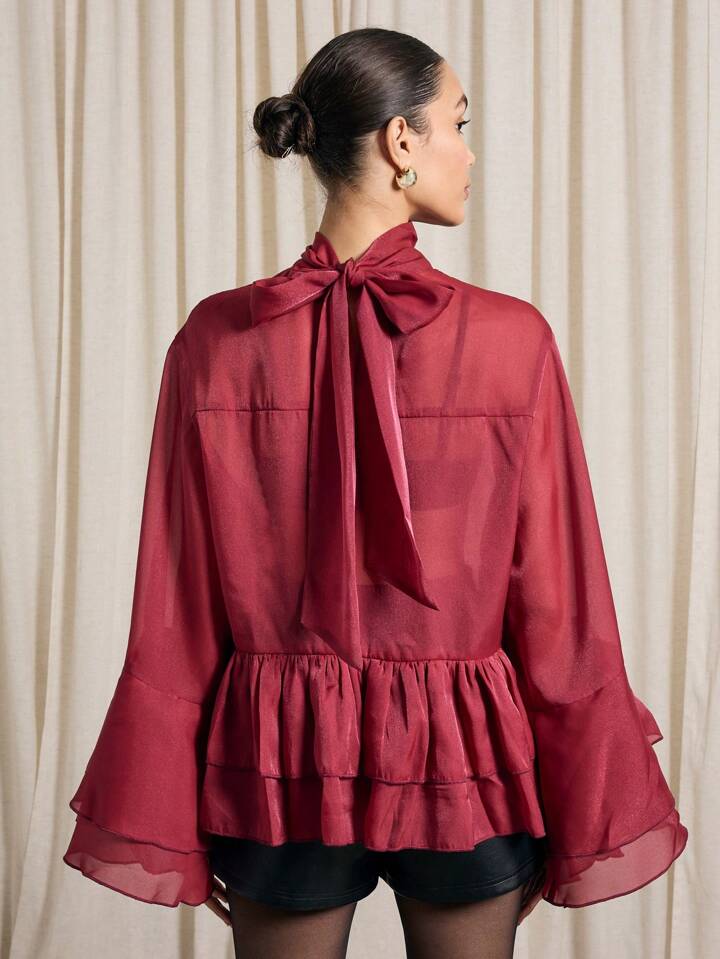 CM-TS814699 Women Elegant Seoul Style Neck Tie Flared Long Sleeve Sheer Ruffle Blouse - Red