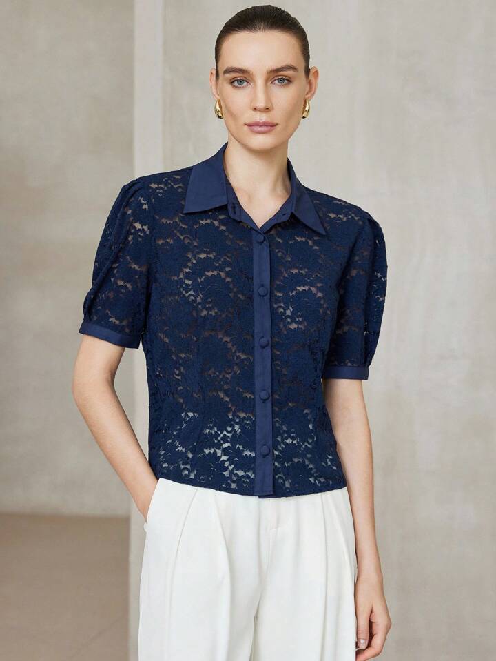 CM-TS471015 Women Elegant Seoul Style Shirt Collar Neckline Short Sleeve Lace Blouse - Navy Blue