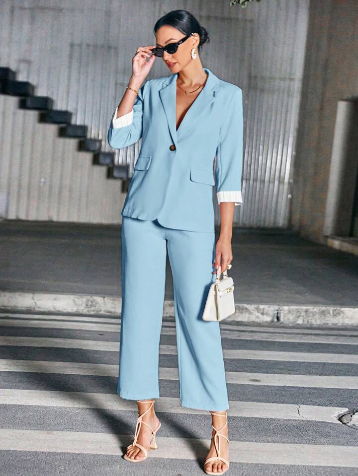 CM-SS129090 Women Elegant Seoul Style Lapel Neckling 3/4 Sleeve Blazer With Long Pants Suit - Blue