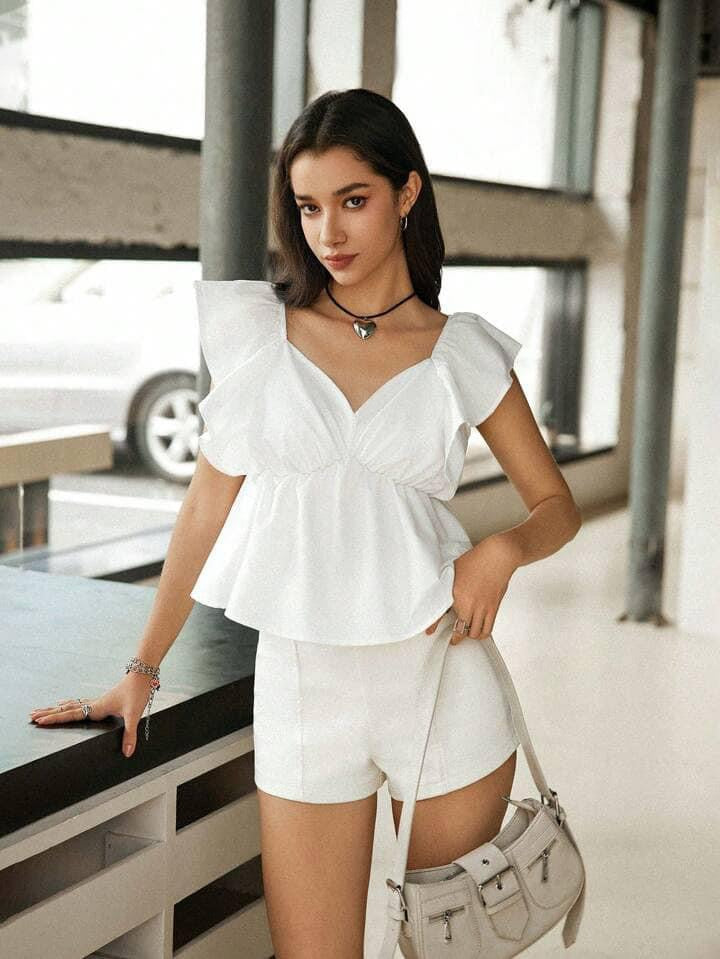 CM-TS205695 Women Casual Seoul Style Ruffle Trim Sleeveless Pleated A-Line Blouse - White