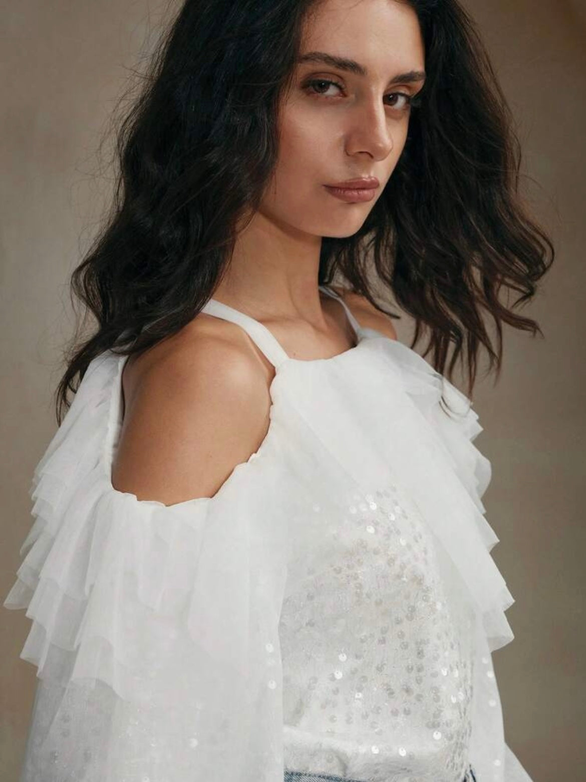 CM-TS753237 Women Elegant Seoul Style Solid Color Mesh Patchwork Camisole Sleeve Blouse - White