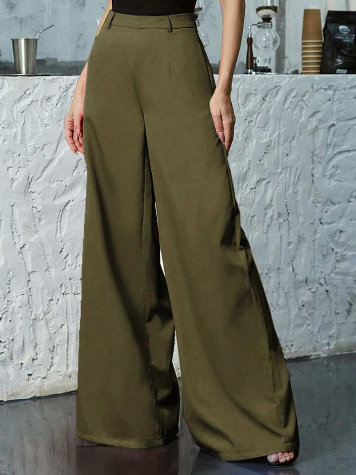 CM-BS181217 Women Elegant Seoul Style Solid Mid Waist Zip Back Wide Leg Pants - Army Green