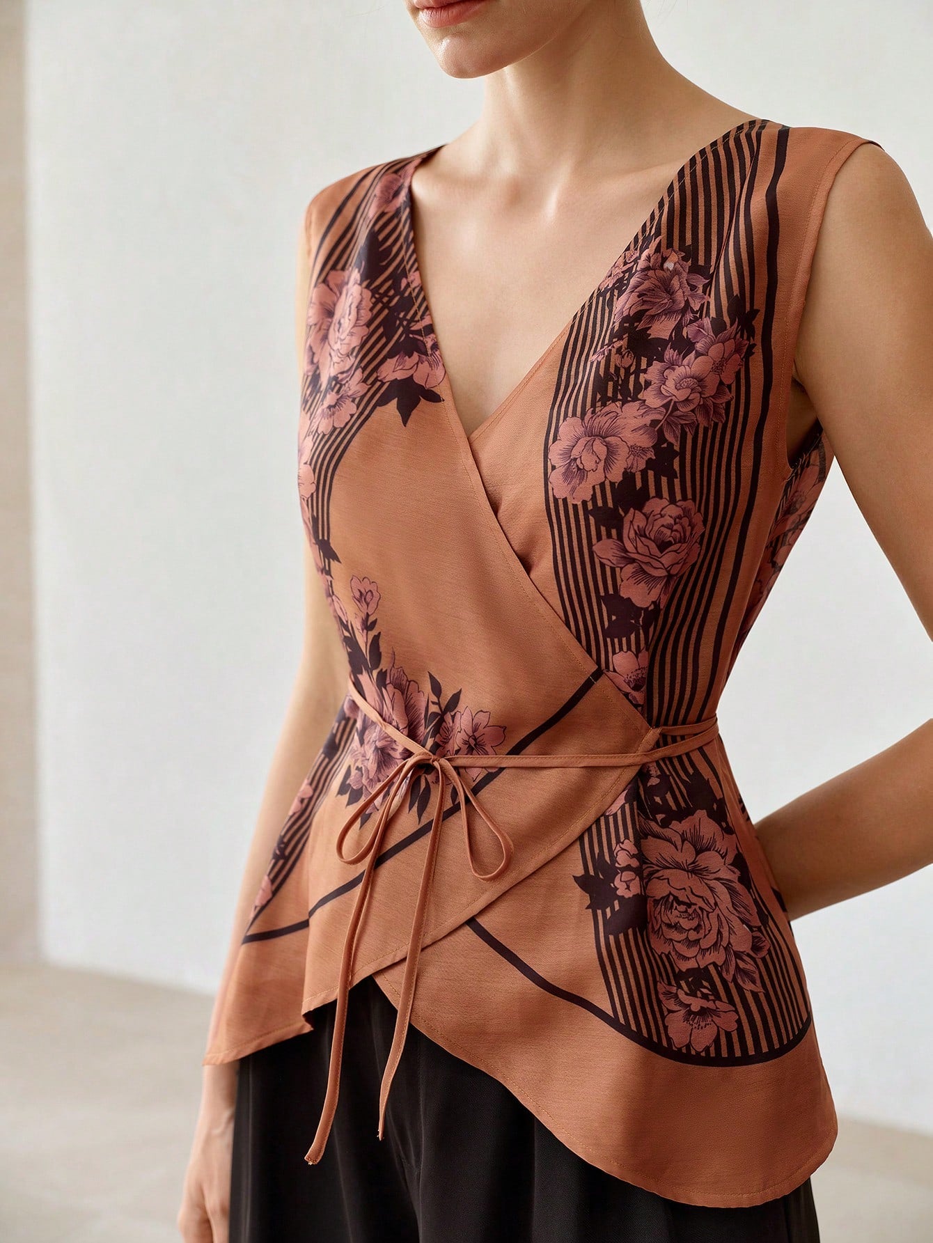 CM-TS820109 Women Casual Seoul Style V-Neck Sleeveless Floral Print Asymmetrical Top - Mocha Brown