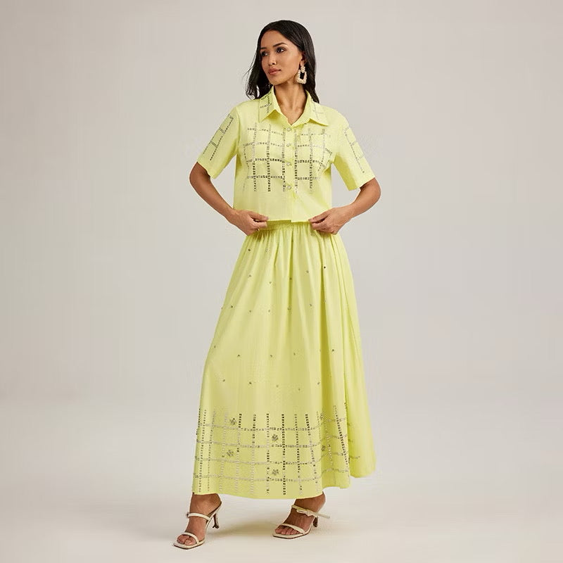 CM-SY044424 Women Elegant European Style Lapel Neckline Short Sleeve Shirt With Long Skirt - Set