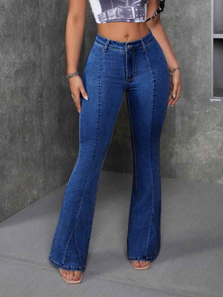 CM-BS888226 Women Preppy Seoul Style Dark Washed Denim Bell-Bottom Flare Leg Pants