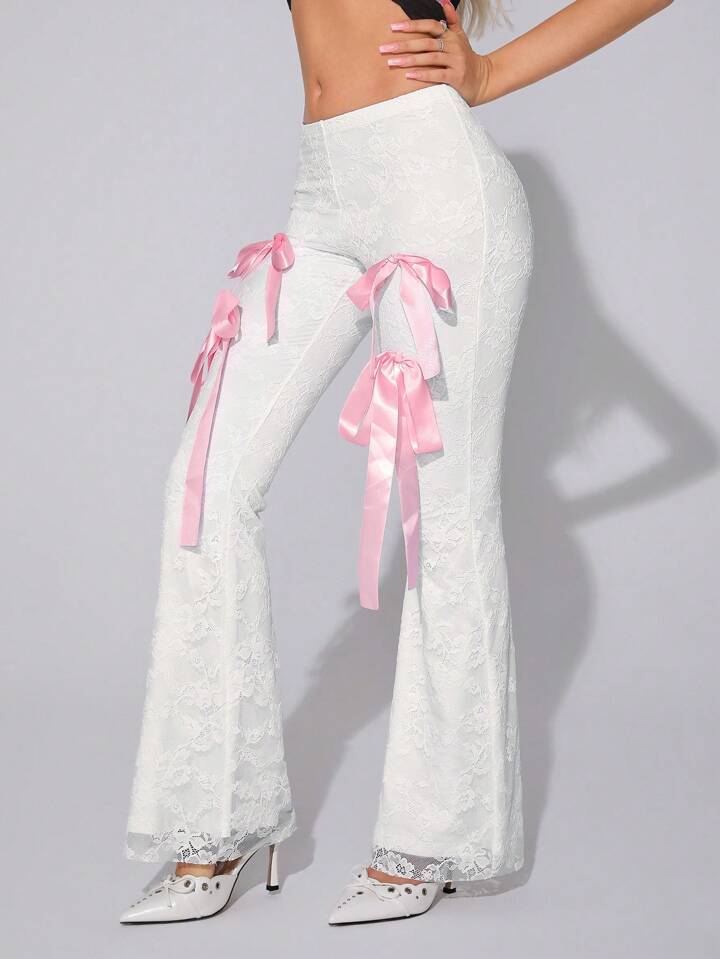 CM-BS702306 Women Elegant Seoul Style Lace Splicing Bowknot Adorned Slim Fit Flared Pants