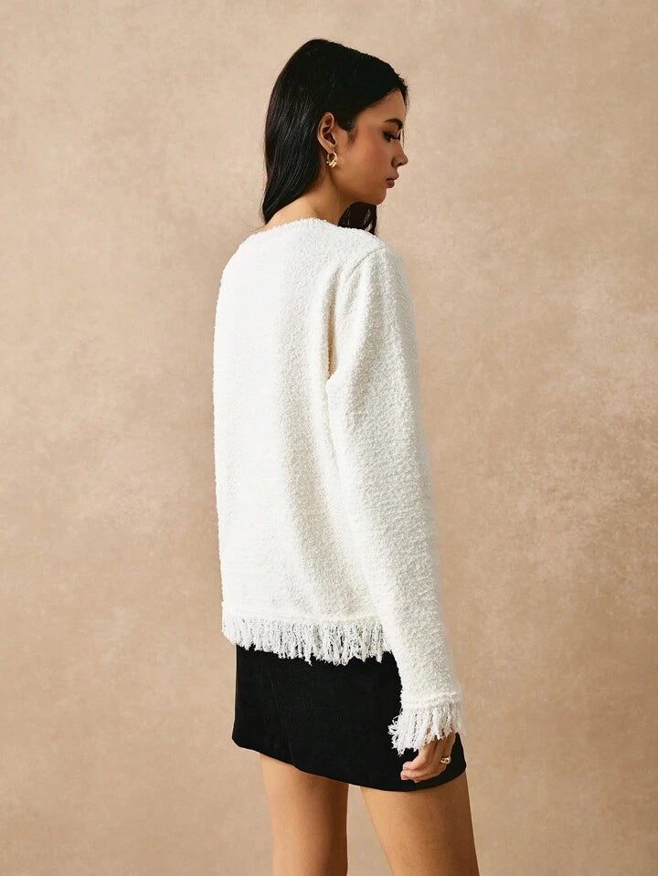 CM-CS281341 Women Casual Seoul Style Color Blocking Long Sleeve Fringe Trim Cardigan - White