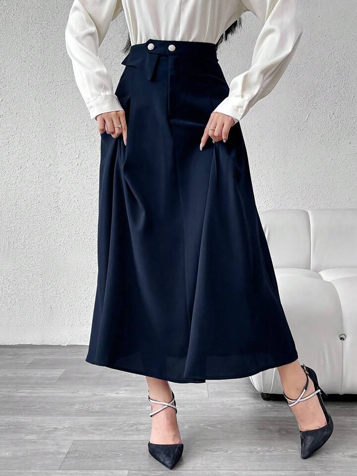 CM-BS522366 Women Elegant Seoul Style Button Decor Flared Hem A-Line Skirt - Navy Blue