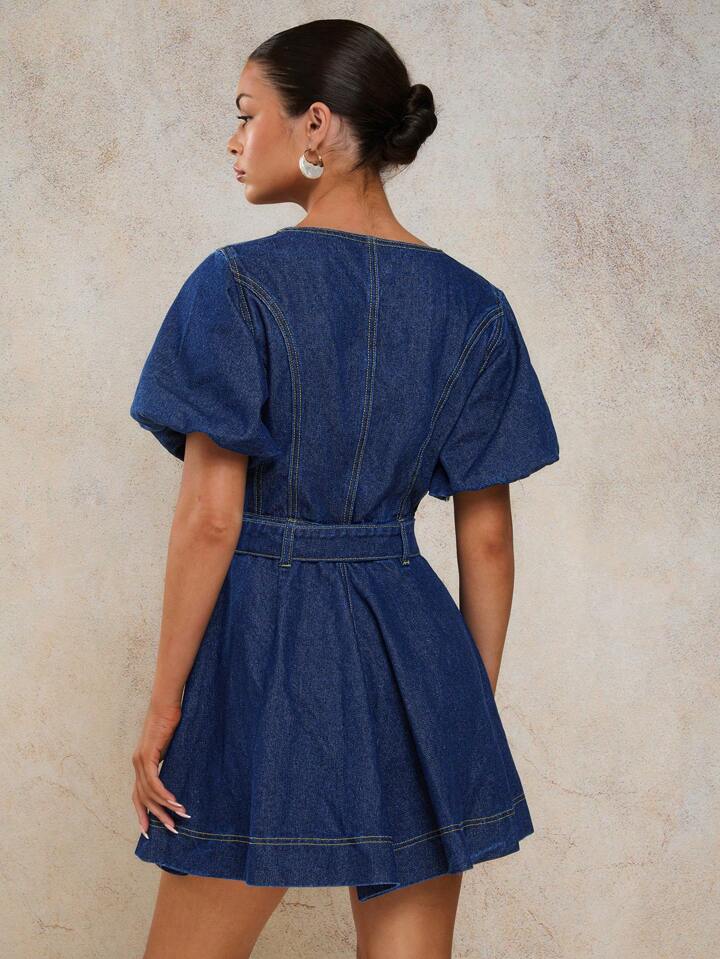 CM-DS515811 Women Casual Seoul Style V-Neck Puff Sleeve Ruched Waist A-Line Denim Dress - Blue