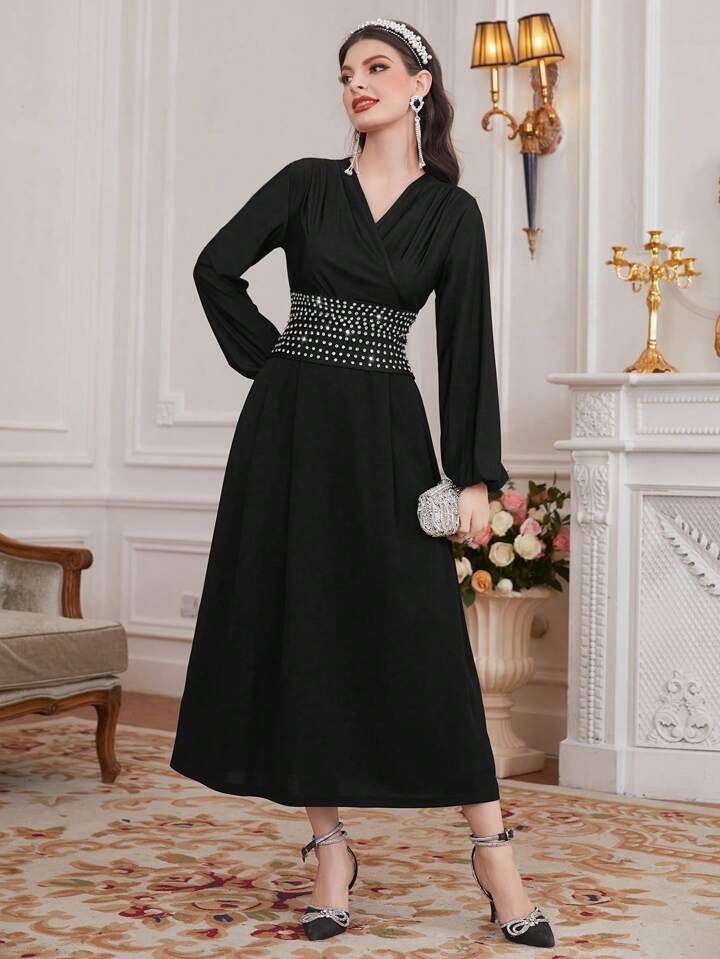 CM-DS472488 Women Elegant Seoul Style Rhinestone Decorated Lantern Sleeve Dress - Black