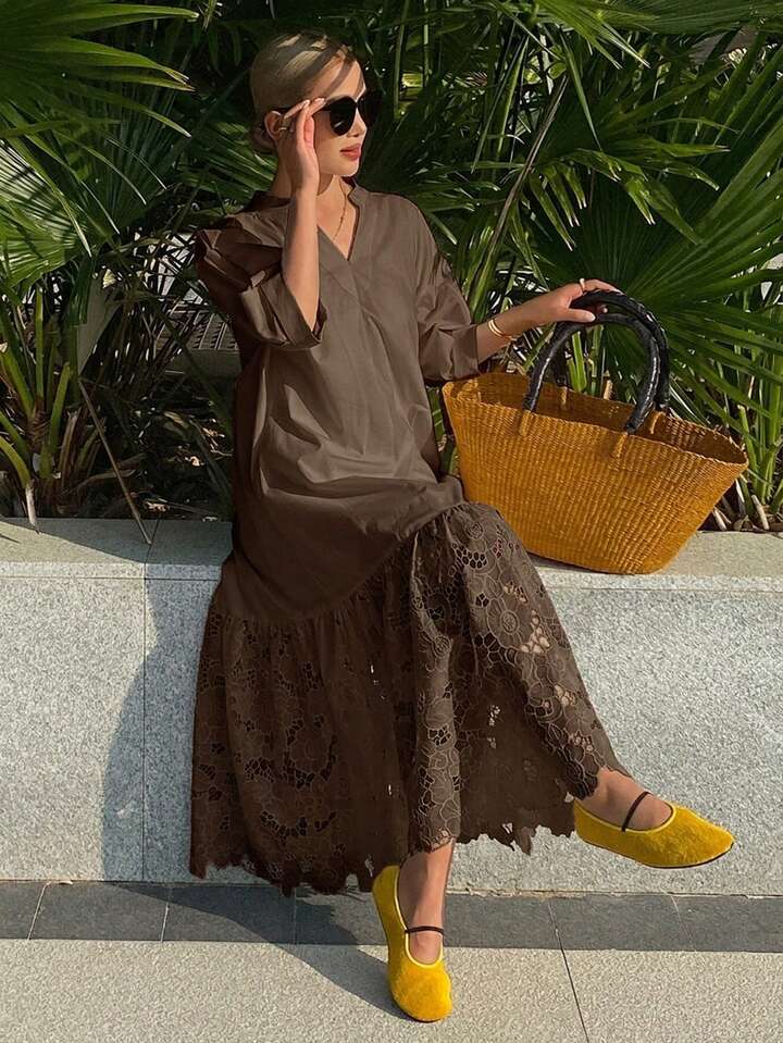 CM-DS494983 Women Trendy Bohemian Style Lace Patchwork Stand Collar 3/4 Sleeve Long Shirt Dress - Coffee Brown