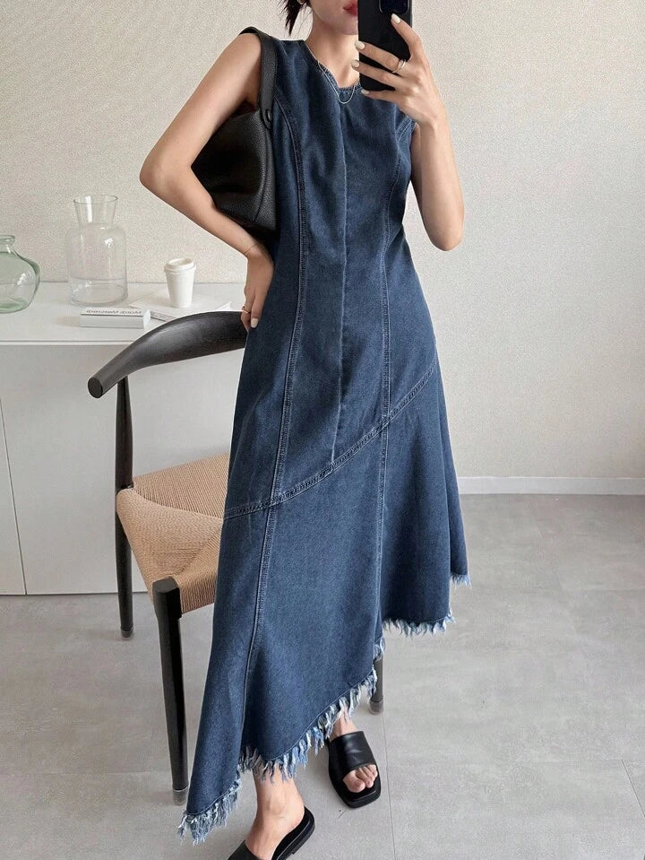 CM-DS567994 Women Casual Seoul Style Round Neck Frayed Hem Sleeveless Loose Denim Dress - Blue
