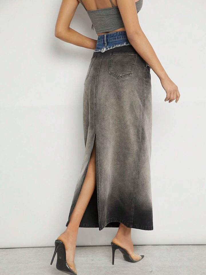 CM-BS723734 Women Casual Seoul Style Colorblock Ombre Frayed Denim Skirt - Black