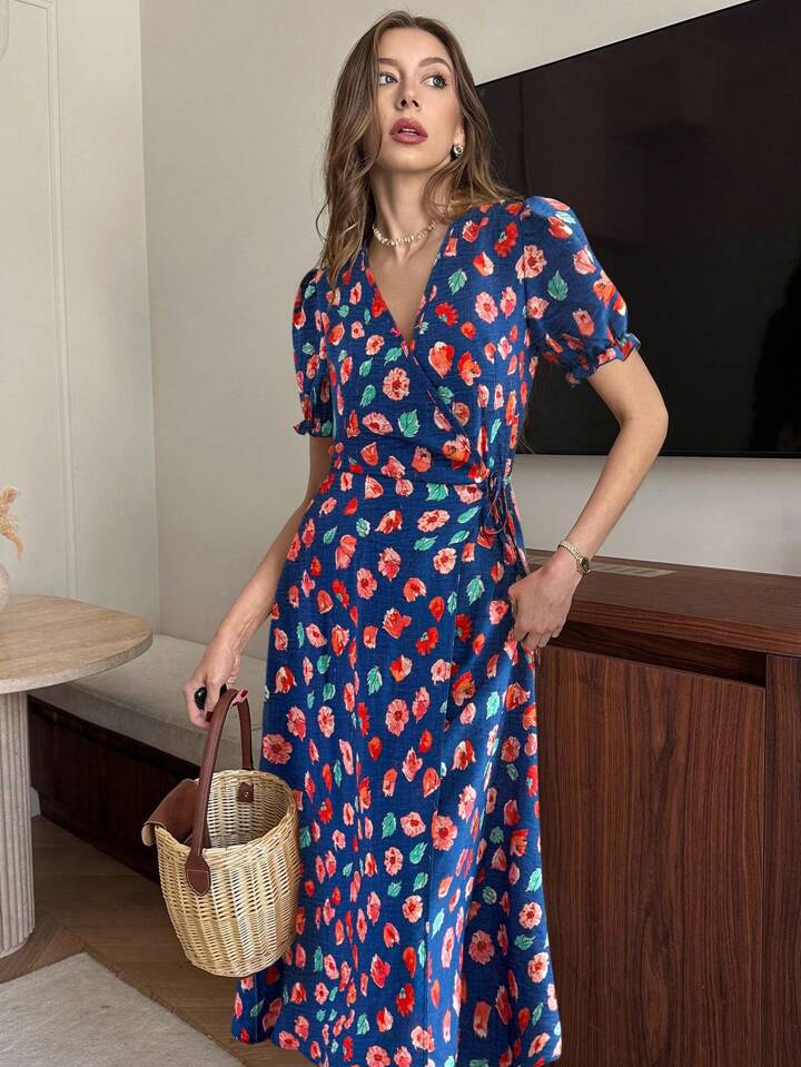 CM-DS041144 Women Trendy Bohemian Style V-Neck Puff Sleeve High Waist Floral Wrap Dress