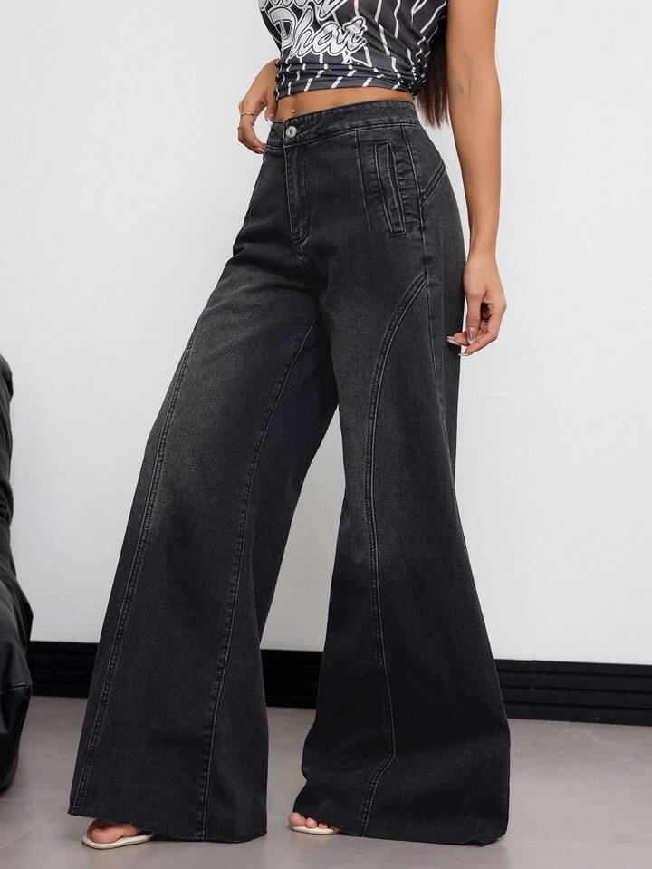 CM-BS765001 Women Elegant Seoul Style High Waist Loose Fit Pockets Wide Leg Jeans - Black