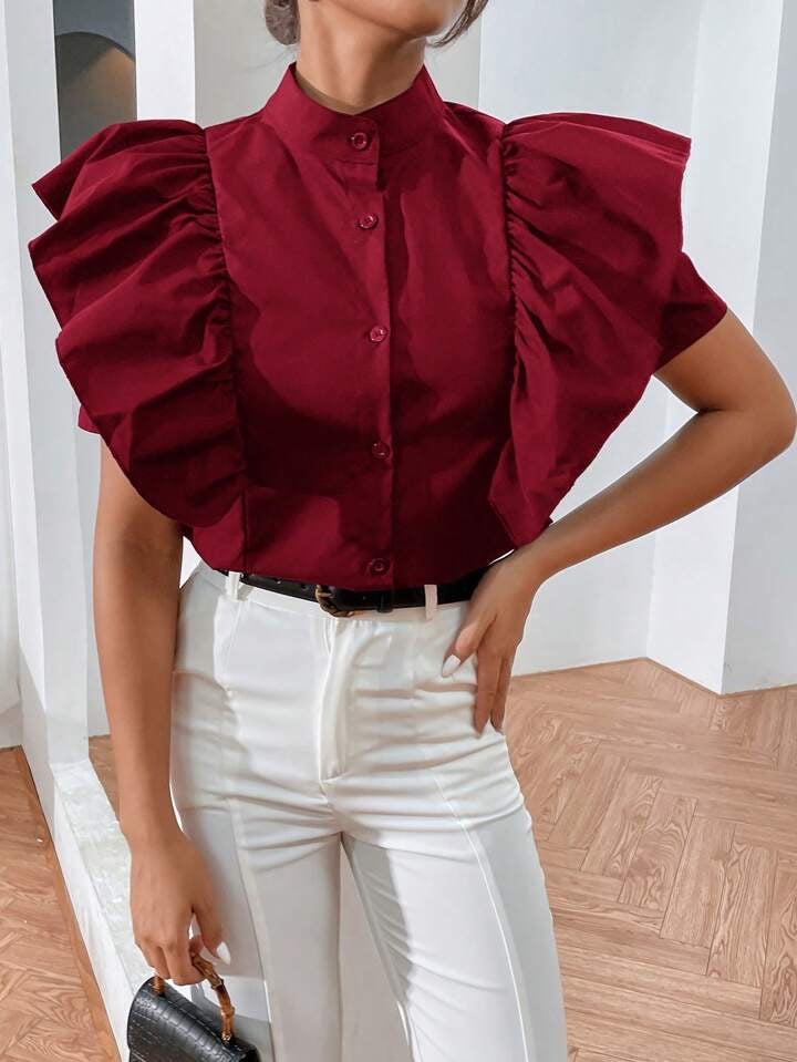 CM-TS056966 Women Casual Seoul Style Ruffle Trim Button Front Shirt - Red