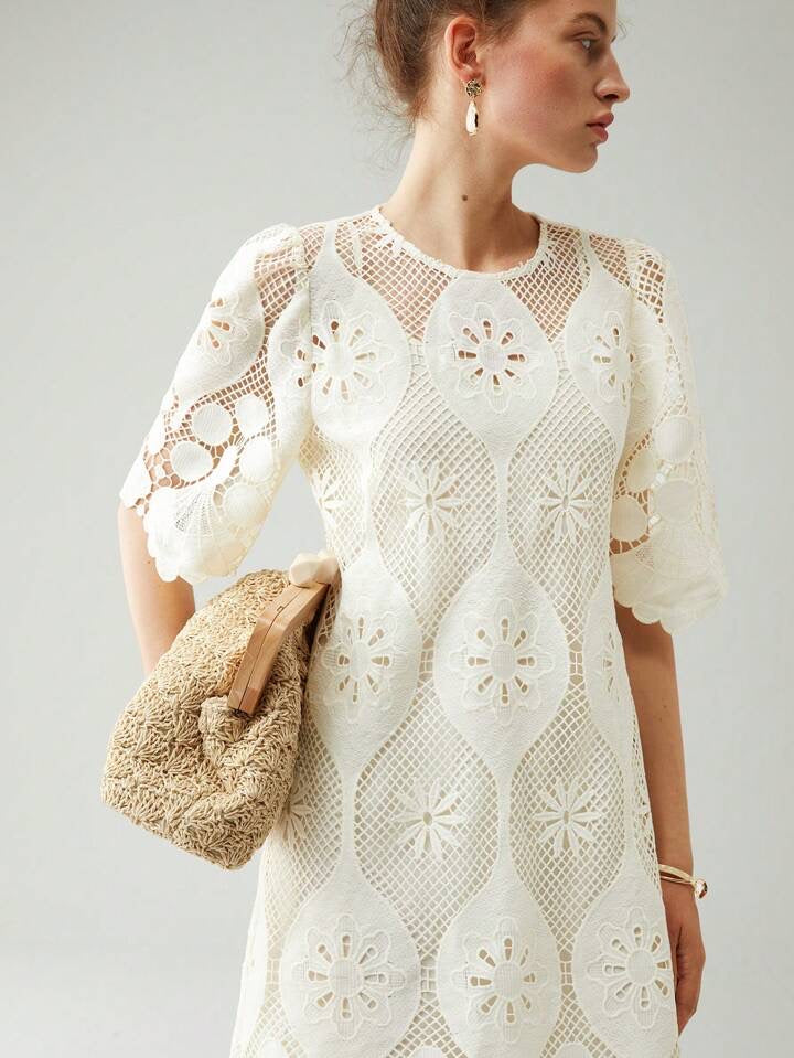 CM-DS811995 Women Elegant Seoul Style Round Neck Half Sleeve Lace Overlay Dress - Apricot