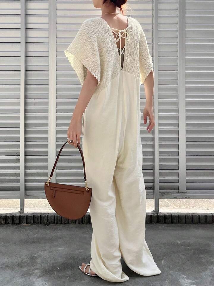 CM-JS653459 Women Trendy Bohemian Style V-Neck With Drawstring Jumpsuit Trousers - Beige