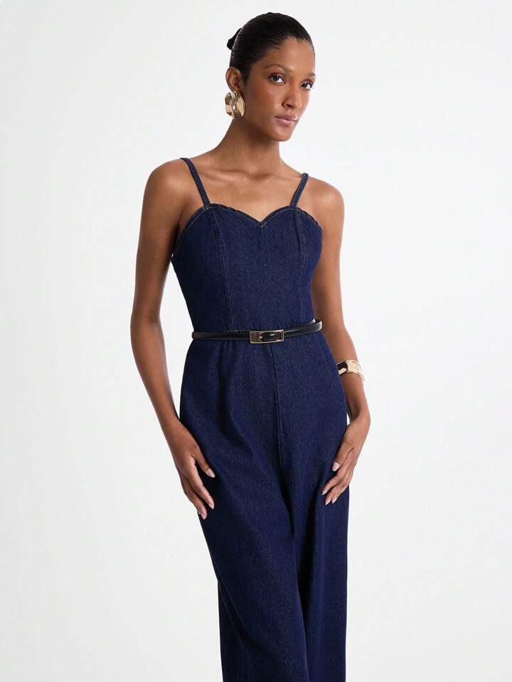CM-JS419556 Women Casual Seoul Style Dark Wash Spaghetti Strap Sleeveless Extra Long Denim Jumpsuit