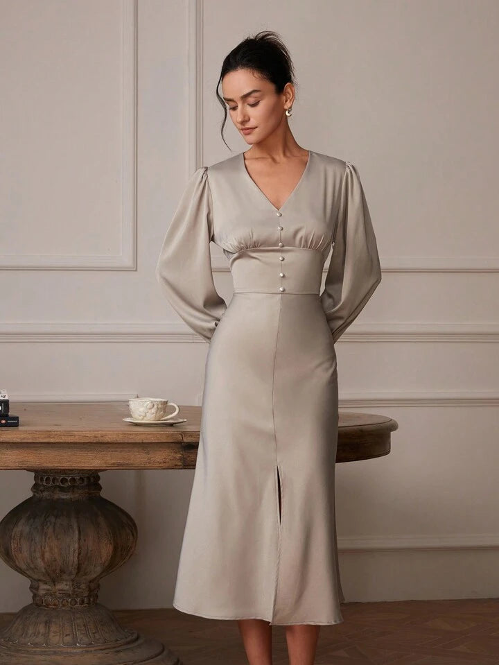 CM-DS307088 Women Elegant Seoul Style Solid Color V-Neck Long Sleeve Front Slit Dress - Dusty Purple