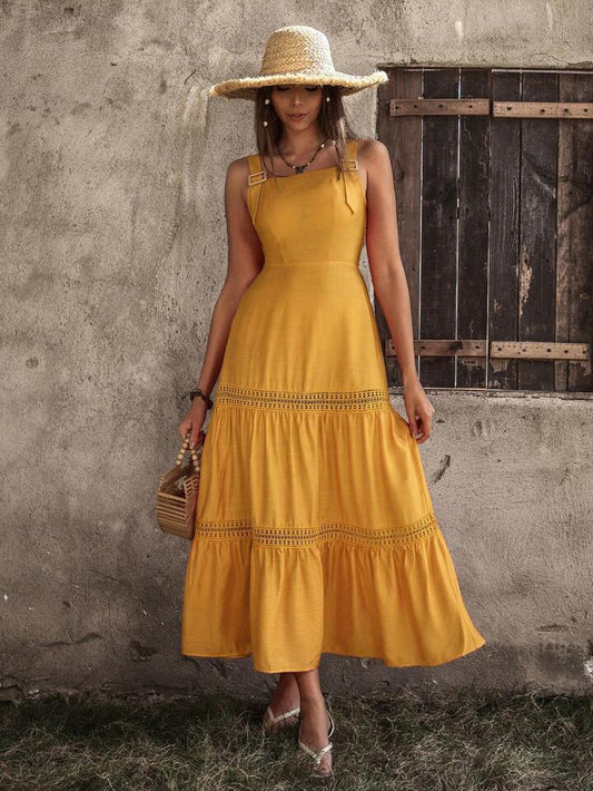 CM-DS450512 Women Trendy Bohemian Style Monochrome Lace Patchwork Suspender Dress - Mustard Yellow