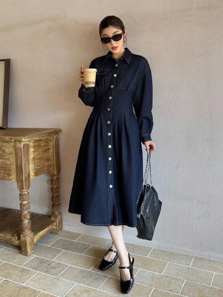 CM-DS911860 Women Casual Seoul Style Dark Wash Collar Neckline Long Sleeve High  Waist Midi Denim Dress