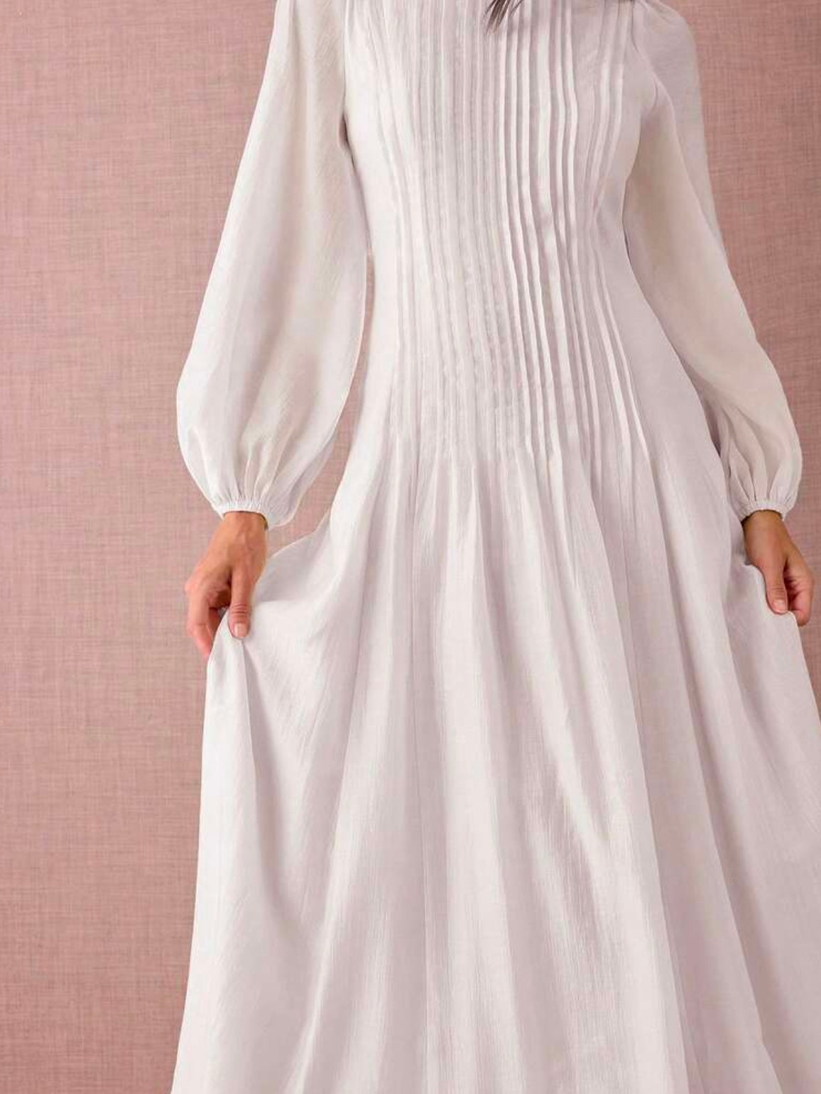 CM-DS929272 Women Elegant Seoul Style Round Neck Lantern Sleeve Pleated Design A-Line Maxi Dress - White