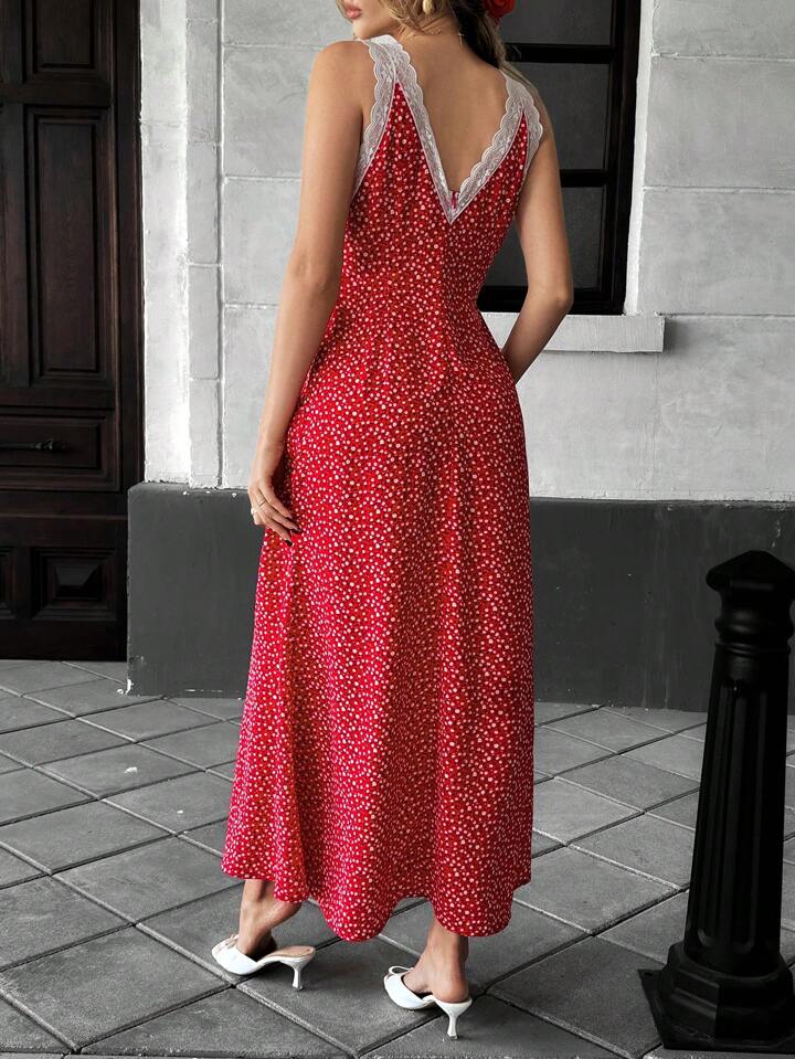 CM-DS666489 Women Casual Seoul Style Lace Panel Floral Print V-Neck Sleeveless Dress