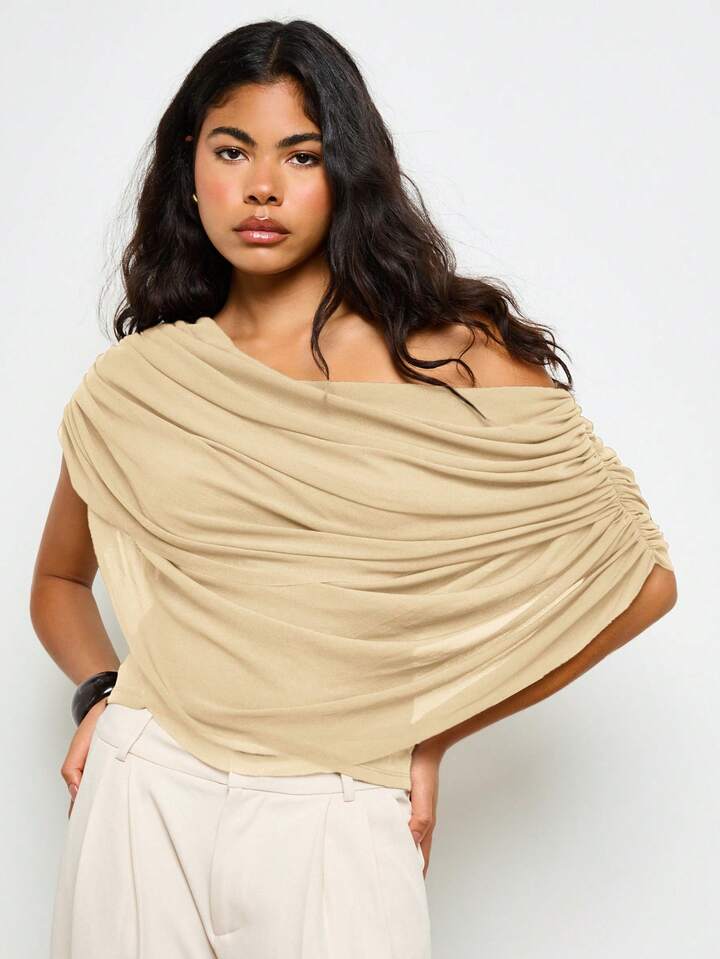 CM-TS355003 Women Elegant Seoul Style Off Shoulder Ruched Draped Long Sleeve Blouse - Cream