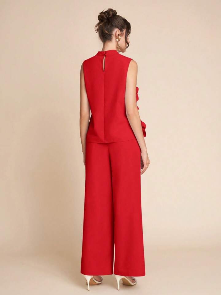 CM-SS257117 Women Elegant Seoul Style Stand Colllar Sleeveless 3D Floral Decor Top With Wide Leg Pants - Set