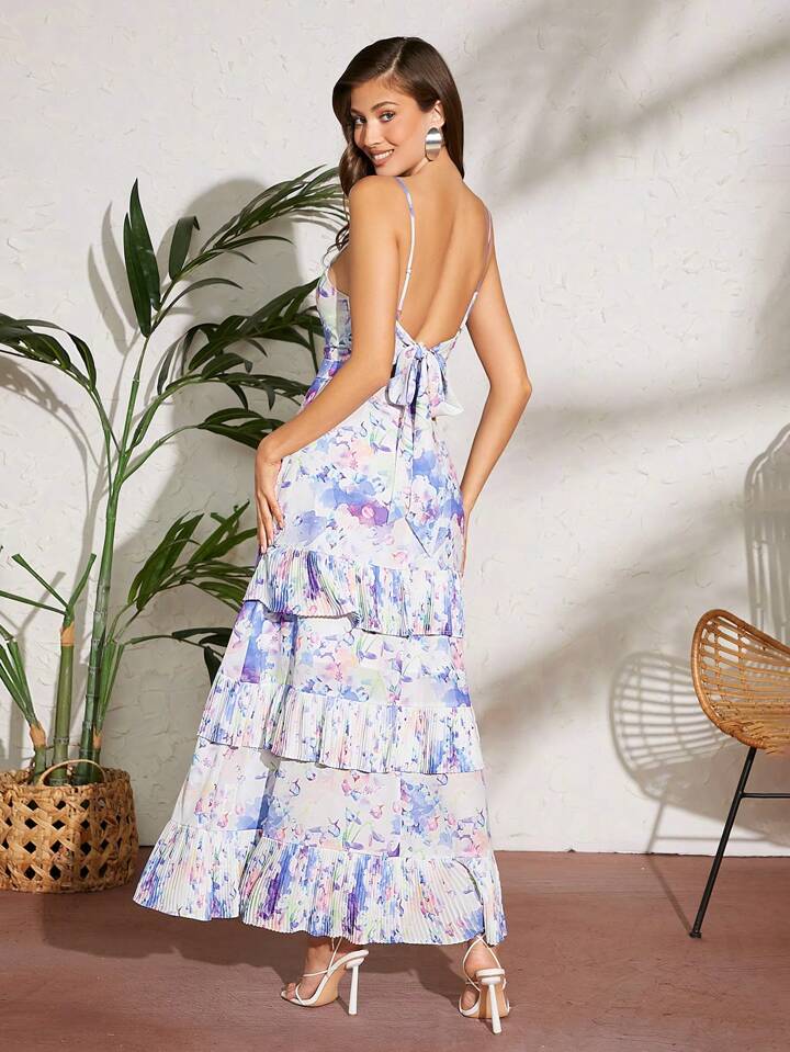 CM-DS045751 Women Elegant Seoul Style Spaghetti Strap Floral Tiered Ruffle Tie Back Dress