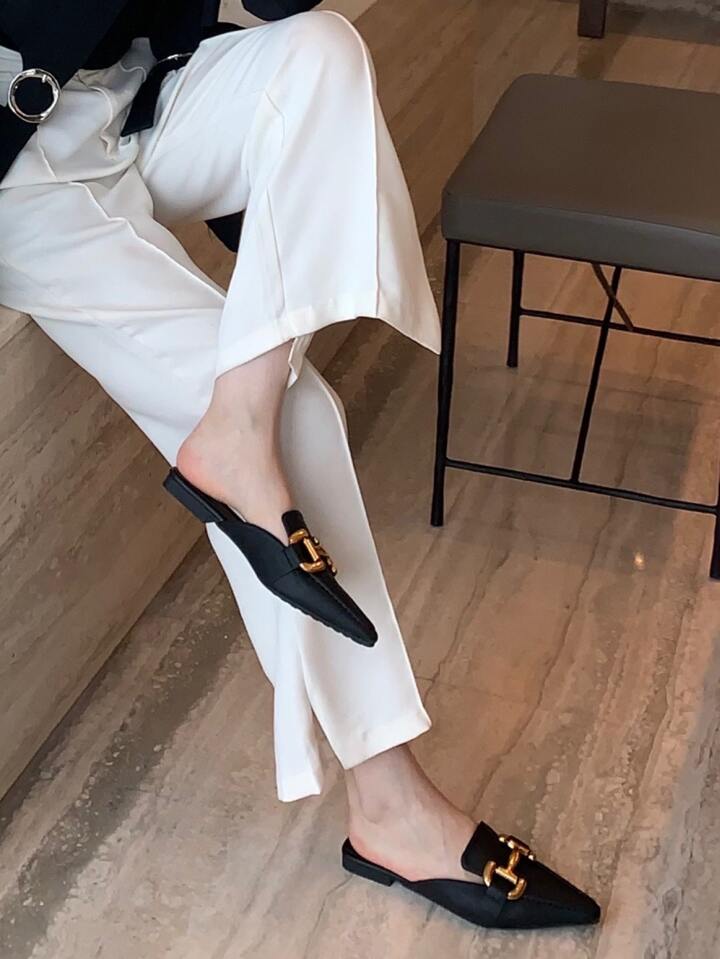 CM-SHS708759 Women Trendy Seoul Style Square Toe Metal Decor Flat Mules - Black