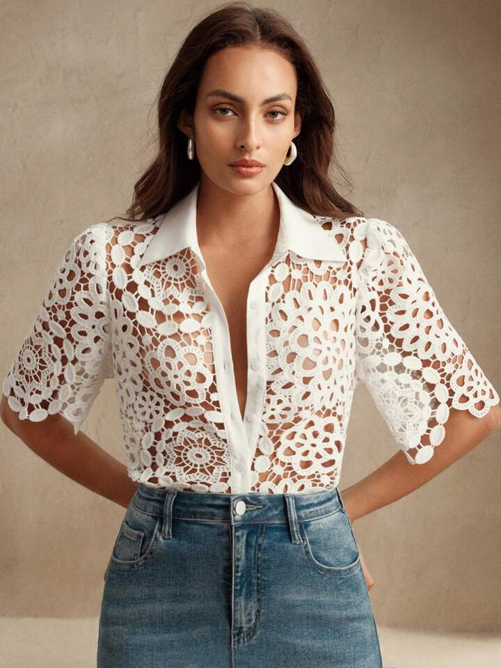 CM-TS423323 Women Casual Seoul Style Collar Neckline Half Sleeve Floral Hollow Out Lace Shirt Blouse - White