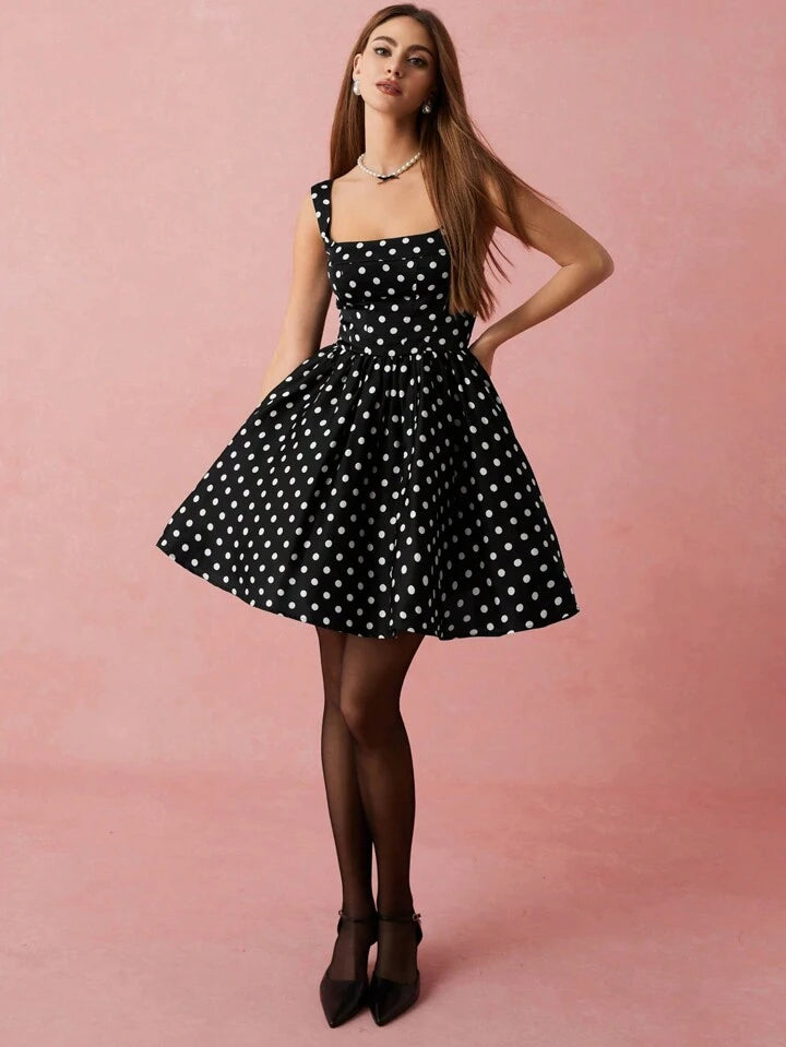 CM-DS780795 Women Elegant Seoul Style Polka Dot Print Waist Cinched Sleeveless Mini Dress - Black
