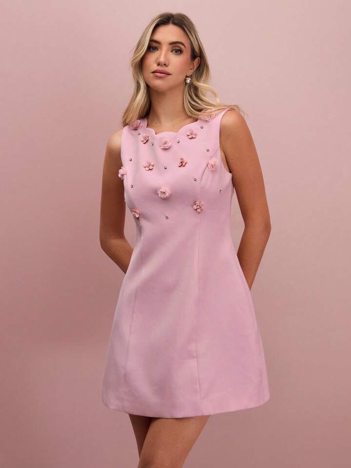 CM-DS373263 Women Elegant Seoul Style Floral Beaded Decor Round Neck Sleeveless Mini Dress - Pink