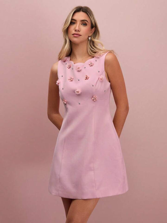 CM-DS373263 Women Elegant Seoul Style Floral Beaded Decor Round Neck Sleeveless Mini Dress - Pink