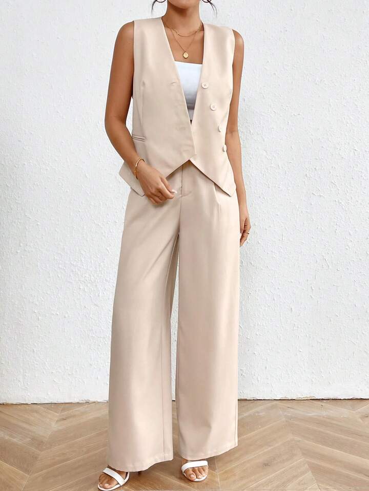 CM-SS004949 Women Elegant Seoul Style Asymmetrical Front Open V-Neck Vest With Wide Leg Pants - Set