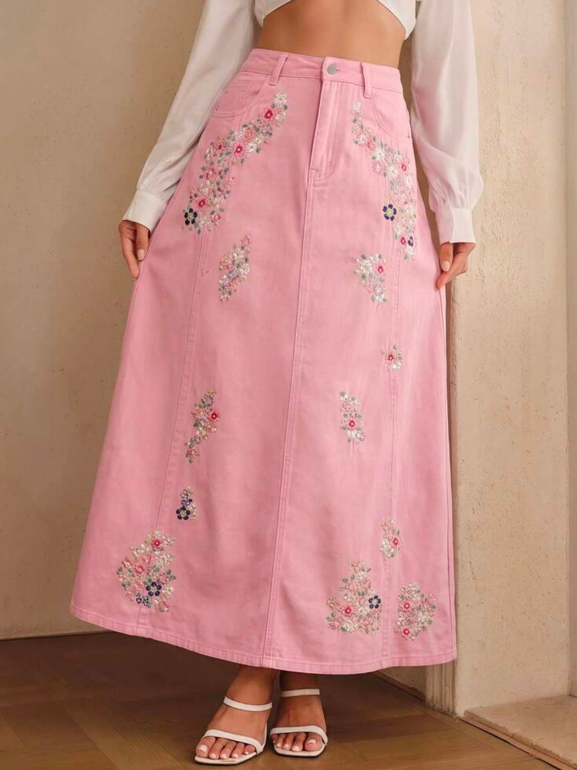 CM-BS478582 Women Casual Seoul Style Mid Waist Embroidery Slimming Design Split A-Line Denim Skirt - Pink