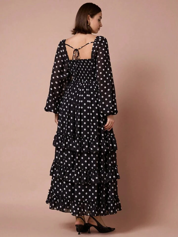 CM-DS108408 Women Elegant Seoul Style Polka Dot V-Neck Puff Long Sleeve Layered A-Line Dress - Black