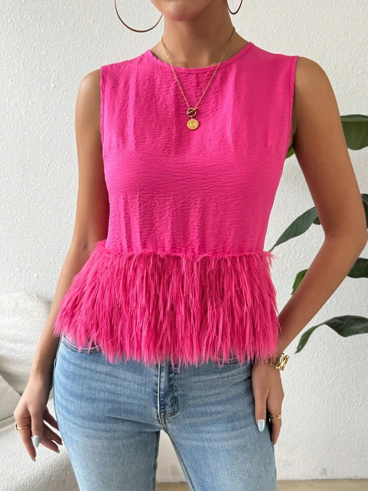 CM-TS992298 Women Casual Seoul Style Round Neck Sleeveless Loose Furry Hem Blouse - Hot Pink