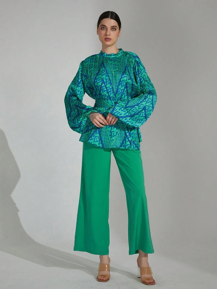 CM-SS721899 Women Elegant Seoul Style Stand Collar Chervon Print Plisse Belted Top With Long Pants - Set