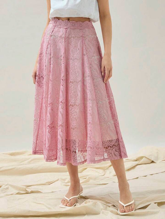 CM-BS666792 Women Trendy Bohemian Style High Waist Lace Pleated A-Line Midi Skirt - Pink