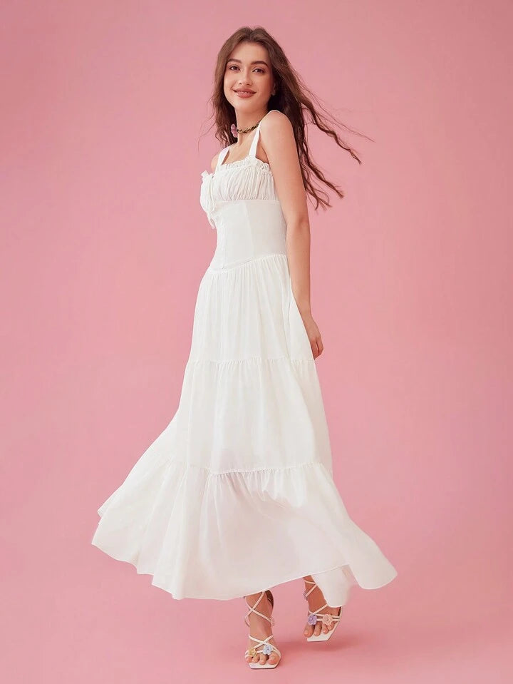CM-DS284365 Women Elegant Seoul Style Square Collar Sleeveless Pleated Long Dress - White