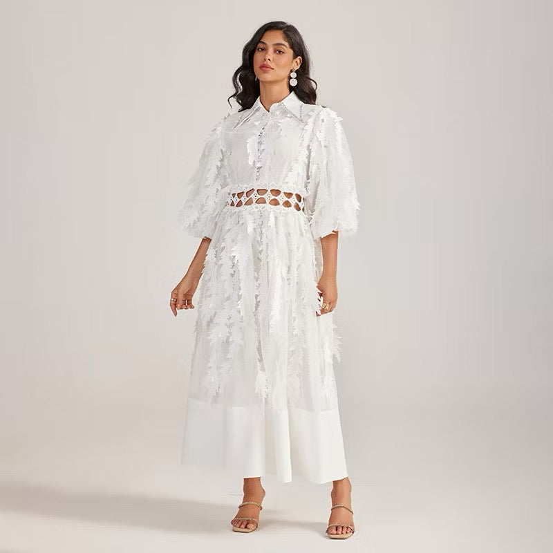 CM-DY055505 Women Elegant European Style Collar Rhinestone Neckline Half Sleeve Hollow Out Long Dress - White