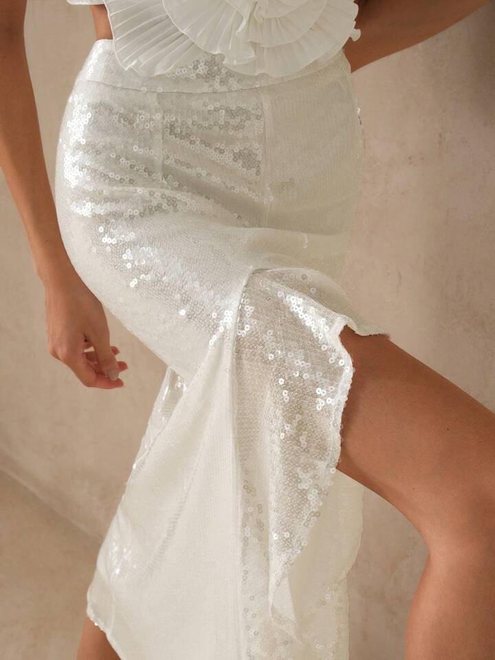 CM-BS054256 Women Elegant Seoul Style Sequin Embellished Mermaid Split Skirt - White