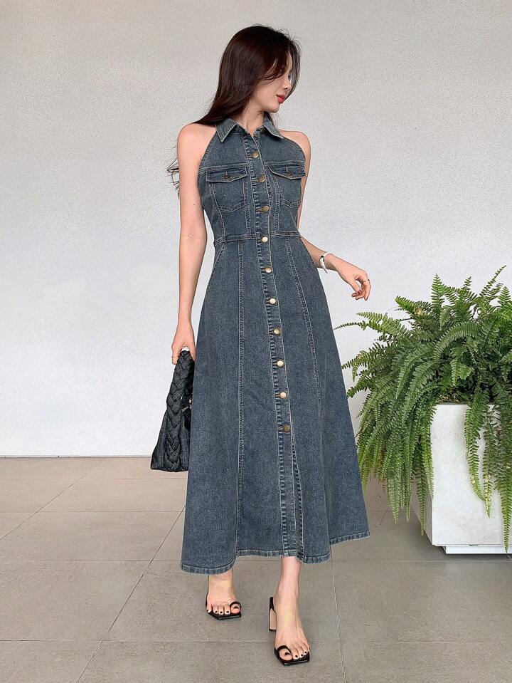 CM-DS142910 Women Casual Seoul Style Collar Neckline Sleeveless Single Breasted Denim Dress