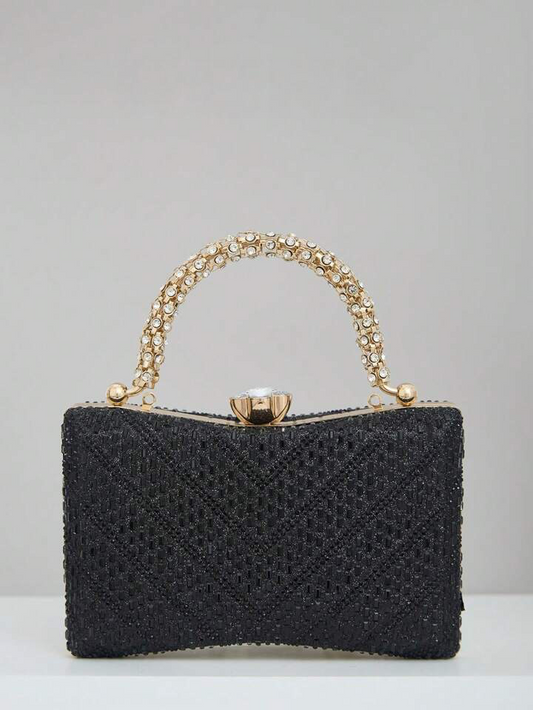 CM-BGS910913 Women Trendy Seoul Style Diamond-Encrusted Arm Handle Bag With Safety Buckle Closure - Black